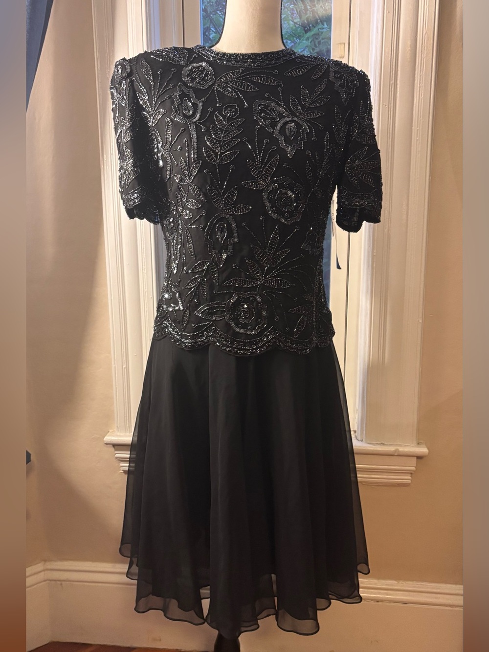 *NWT* Vintage Black Beaded Cocktail Dress Formal Dress Sequined Chiffon - Med
